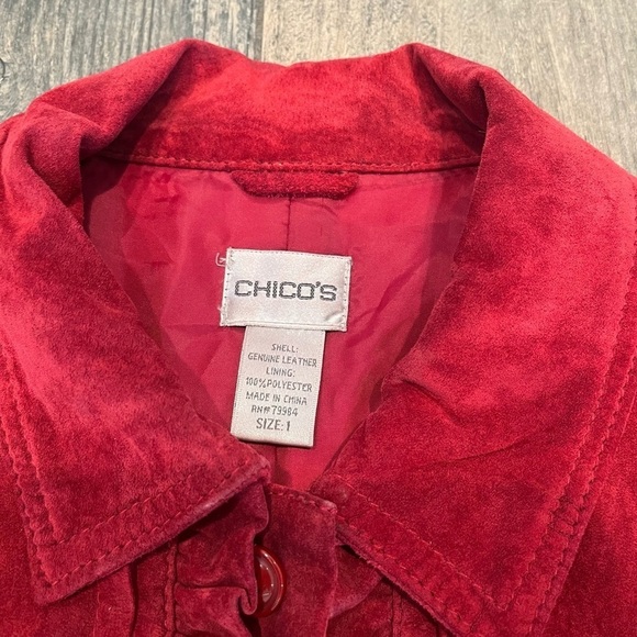 Chico’s Womens Suede Leather Jacket Sz 1/ US 8 Red Ruffles Button Closure - Picture 8 of 10